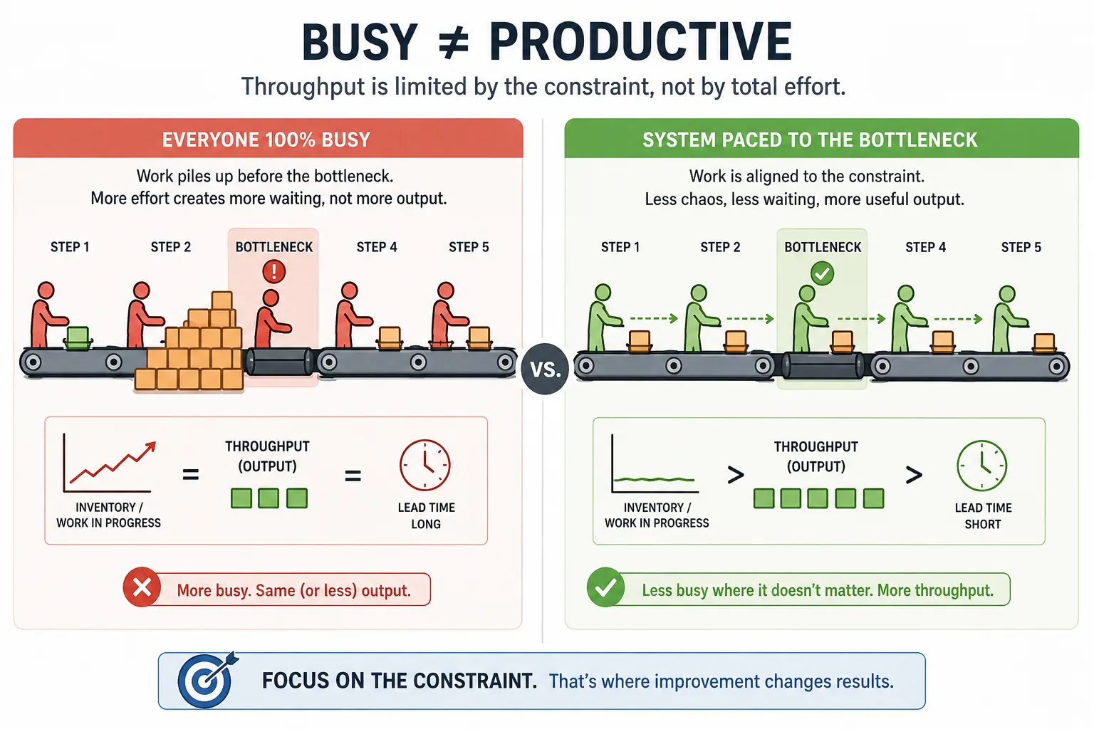 Split-screen comparison: everyone 100% busy creates a large pile of unfinished work for the same output, versus a system paced to the bottleneck producing a controlled queue and higher useful throughput