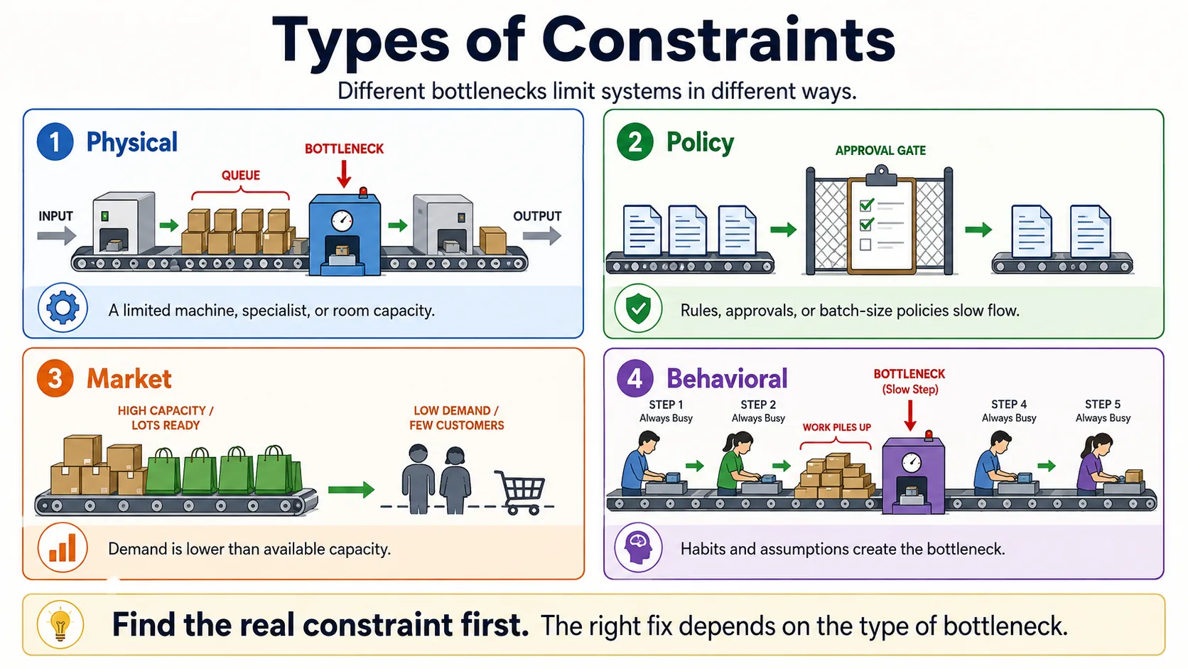 One system illustrated four ways: a choked machine for physical constraints, an approval gate for policy constraints, unsold goods for market constraints, and a habitual slow step for behavioral constraints