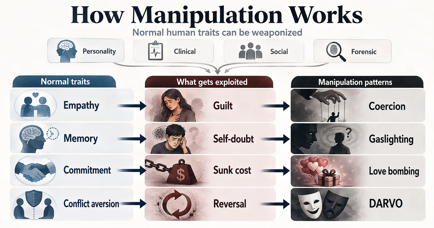 Mechanism map showing how normal traits like empathy, memory, commitment, and conflict aversion get exploited into guilt, self-doubt, sunk cost, and reversal, producing coercion, gaslighting, love bombing, and DARVO