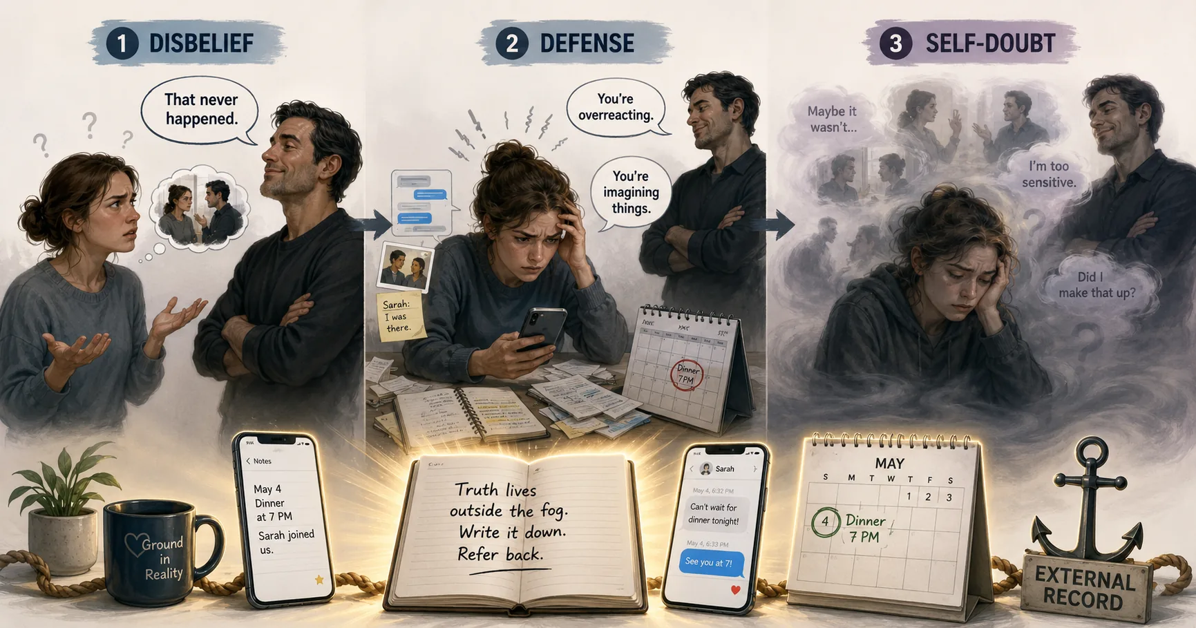 Three-stage progression of gaslighting: disbelief, then defending memory with messages and documentation, then foggy self-doubt, with an external written record acting as an anchor outside the fog
