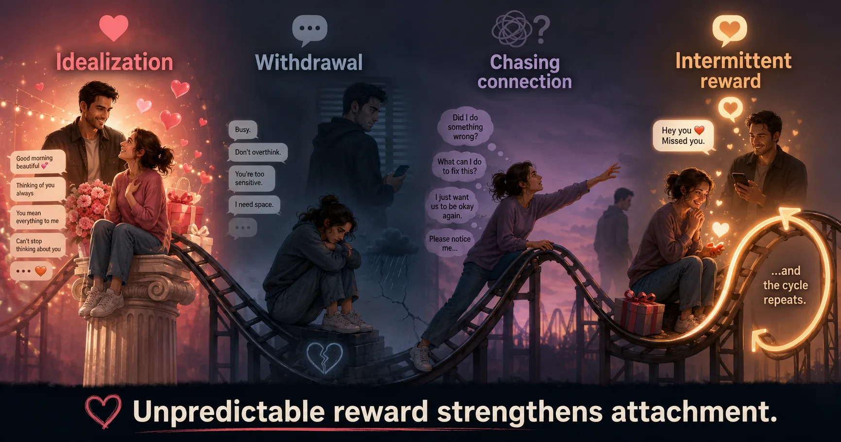 Roller-coaster diagram of the love bombing and intermittent reinforcement cycle: idealization, then withdrawal, then chasing connection, then intermittent reward, then the cycle repeats