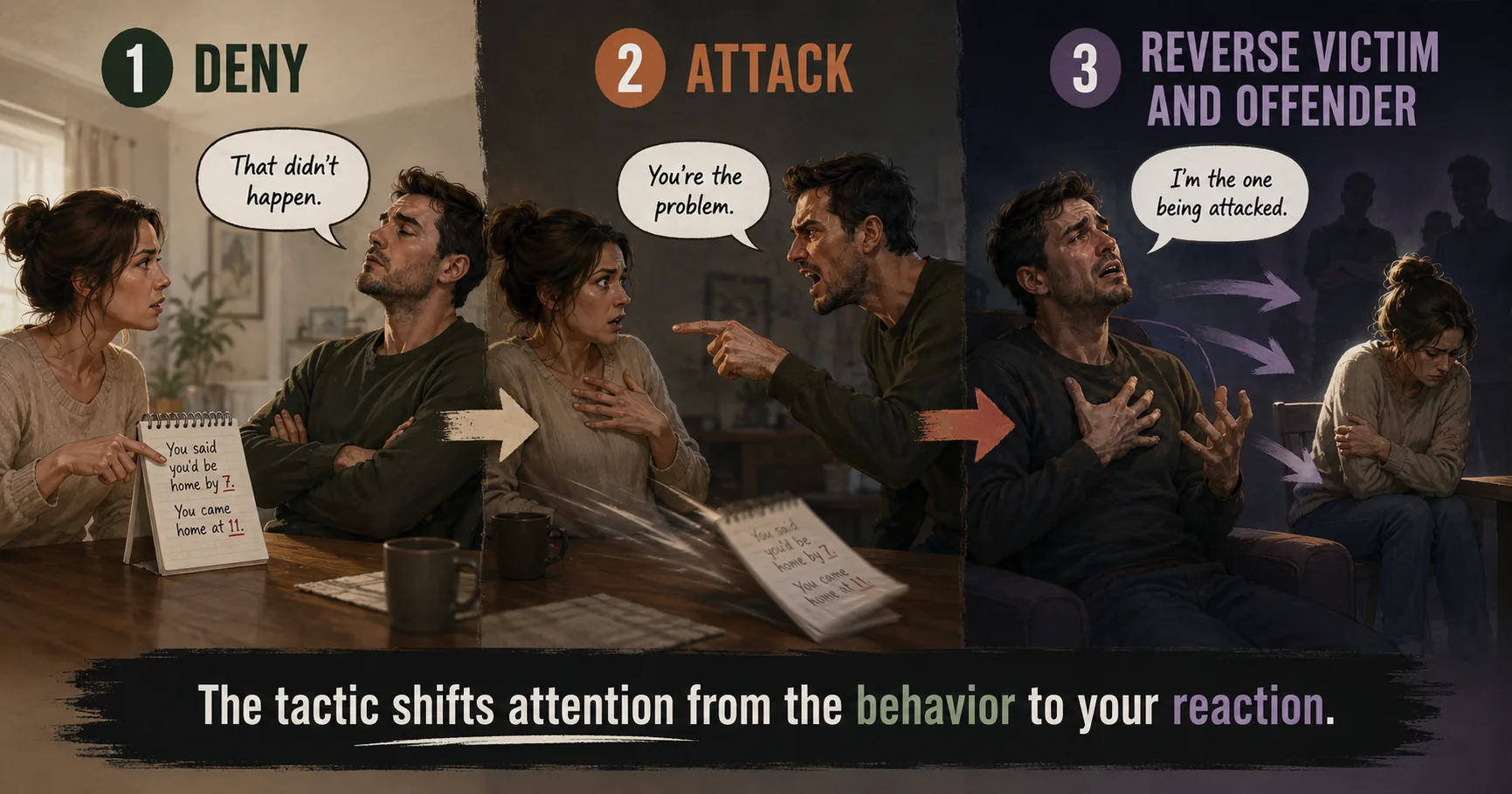 Three-panel DARVO sequence: Deny blocks the original issue, Attack redirects at the accuser, Reverse Victim and Offender swaps who appears to be harmed, pushing the original behavior off-screen